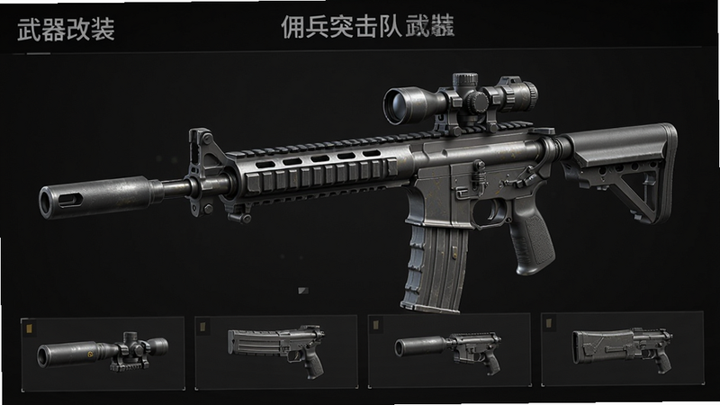 佣兵突击队武器改装界面,展示一把步枪的各种配件选项,包括瞄准镜、消音器、弹匣等,界面简洁,背景为暗色,枪械模型精细,金属质感强烈,画质高清,干净无多余元素,文字标注“佣兵突击队 武器改装”