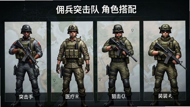 佣兵突击队角色选择界面,展示四位不同职业的佣兵,包括突击手、医疗兵、狙击手、重装兵,每个人物立绘精美,背景有战术地图,布局整齐,画质高清,干净无多余元素,文字标注“佣兵突击队 角色搭配”