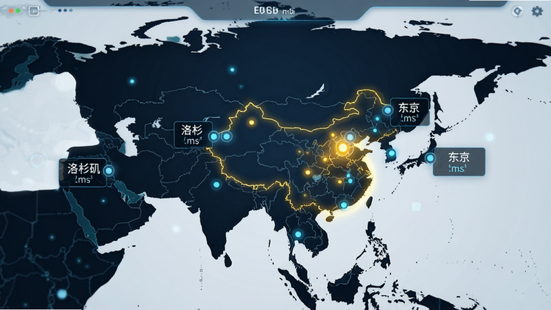 主体:世界地图上分布着多个节点图标,布局:中心为中国,周围标注“东京”“洛杉矶”等节点,排版:节点旁显示延迟数字(ms),风格:科技感UI界面,细节:最佳节点高亮闪烁,画质:4K超清,干净无多余元素