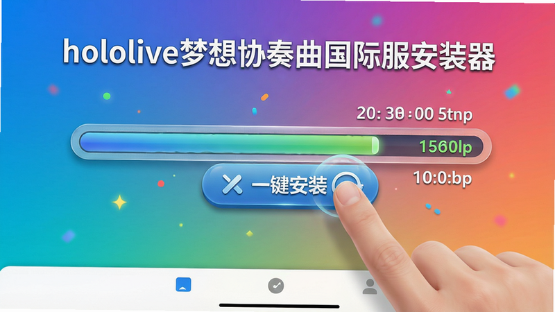 主体:手机操作演示动画,手指点击“一键安装”按钮,布局:底部导航栏隐藏,全屏展示安装进度条,排版:进度条上方显示“hololive梦想协奏曲国际服安装器”字样,风格:动态拟物化,细节:进度数值实时变化,背景为渐变色,画质:1080p高清,干净无多余元素
