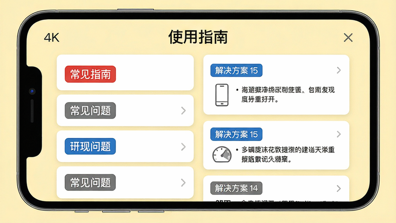 主体:手机屏幕显示“使用指南”界面,布局:左侧为常见问题列表,右侧为解决方案,排版:卡片式分栏,风格:手册式UI,细节:红色、蓝色、灰色高亮标签,背景为淡黄色,画质:4K超清,干净无多余元素