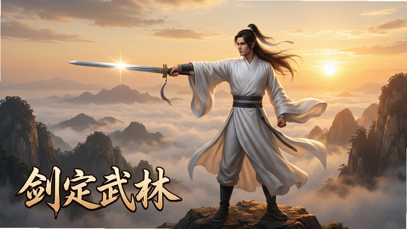 一张游戏宣传海报,主体:一名白衣侠客手持长剑立于山巅,背景是云雾缭绕的群山和落日余晖。布局:侠客居中,长剑指向远方,画面下方有游戏Logo“剑定武林”字样。排版:文字位于底部左侧,清晰可见。风格:古风写实,光影细腻,色彩偏暖色调。细节:侠客衣袂飘飘,剑刃反光,山峦层次分明。画质:4K高清,干净无多余元素。