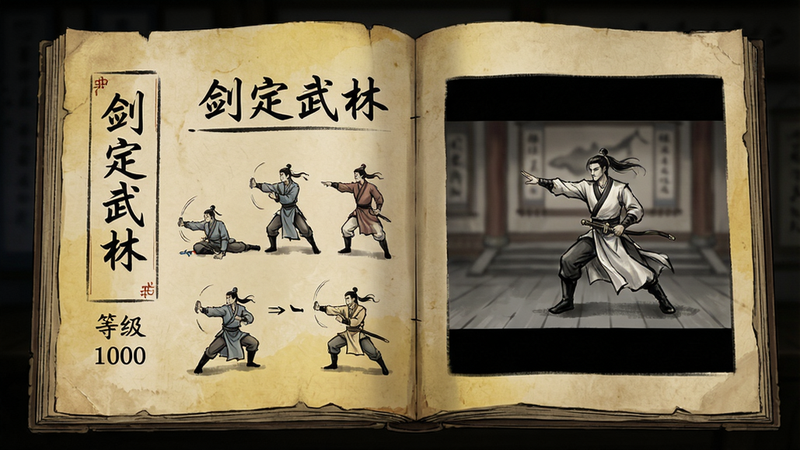 一张游戏内武学秘籍界面截图,主体:展开的秘籍书页,上面有文字“剑定武林”和武功招式插图。布局:书页居中,左侧是秘籍名称和等级,右侧是武功动画演示。风格:古风手绘,宣纸质感。细节:书页泛黄,文字清晰,招式人物动态。画质:高清,无多余UI元素。