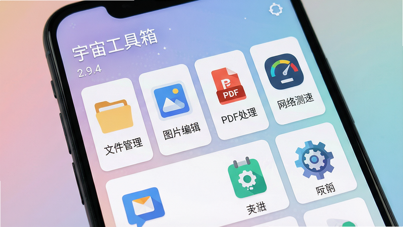 画面主体:一部安卓手机屏幕展示“宇宙工具箱”主界面,顶部有文字标题“宇宙工具箱”和版本号“2.9.4”,界面采用简洁的卡片式布局,排列着“文件管理”、“图片编辑”、“PDF处理”、“网络测速”等图标。背景为柔和的渐变色。风格:扁平化、科技感。细节:图标清晰,色彩和谐。画质:高清、干净、无多余元素。