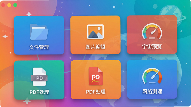 宇宙工具箱主界面预览图,展示卡片式布局多工具图标,文字“文件管理”“图片编辑”“PDF处理”“网络测速”等,背景渐变色,扁平科技风,高清干净