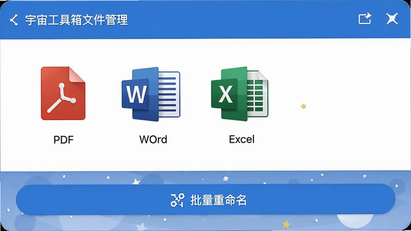 宇宙工具箱文件管理界面预览图,展示PDF、Word、Excel文件图标与批量重命名按钮,蓝白配色,高清简洁
