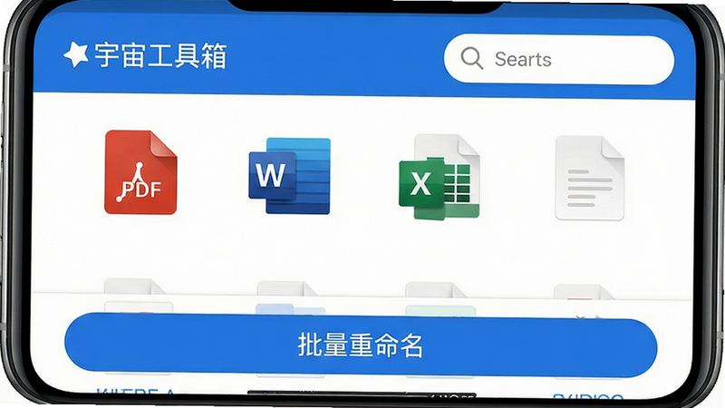 画面主体:手机屏幕显示“宇宙工具箱”文件管理界面,列表中有PDF、Word、Excel文件图标,底部有“批量重命名”按钮。布局规整,右上角有搜索框。风格:简洁实用,颜色以蓝白为主。细节:文件缩略图清晰,按钮带圆角。画质:干净、无多余元素,高清。