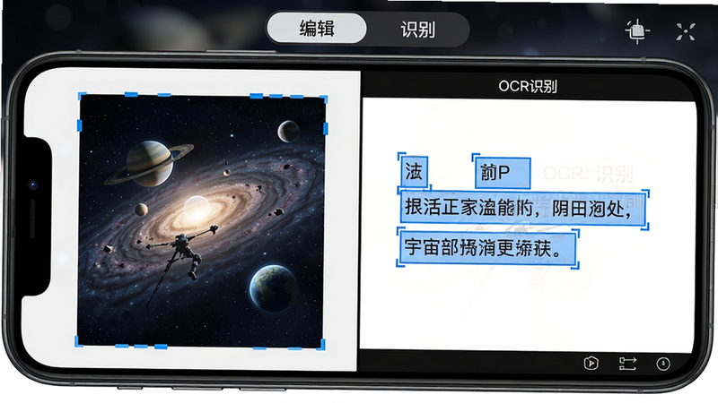 画面主体:手机屏幕展示宇宙工具箱图片编辑界面,左侧原图,右侧显示“OCR识别”结果,文字被高亮框选。布局左右分屏,顶部有“编辑”和“识别”选项卡。风格:科技、清晰。细节:识别文字准确,高亮框为蓝色。画质:高清、无噪点。