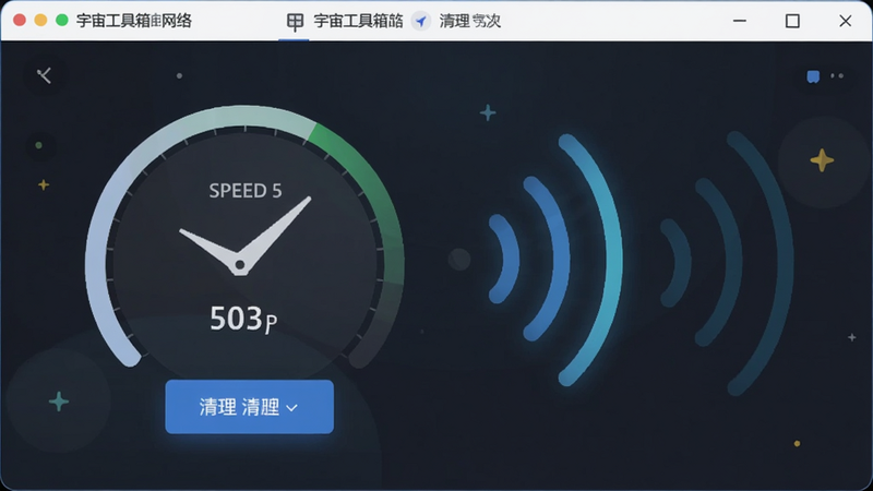 宇宙工具箱网络测速与清理界面图,显示速度数值与清理按钮,信号波纹动画,现代可视化风格