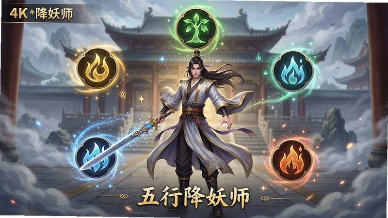 主体:游戏主界面展示五行降妖师角色与场景,布局:中央站立主角,周围环绕金木水火土五种元素光效,背景为古风宫殿与云雾,排版:角色居中,元素图标分布在四周,风格:东方玄幻、唯美精致,细节:主角手持法剑、衣袍飘动、光效粒子闪烁,画质:4K高清,干净无多余元素,文字标注:“五行降妖师”
