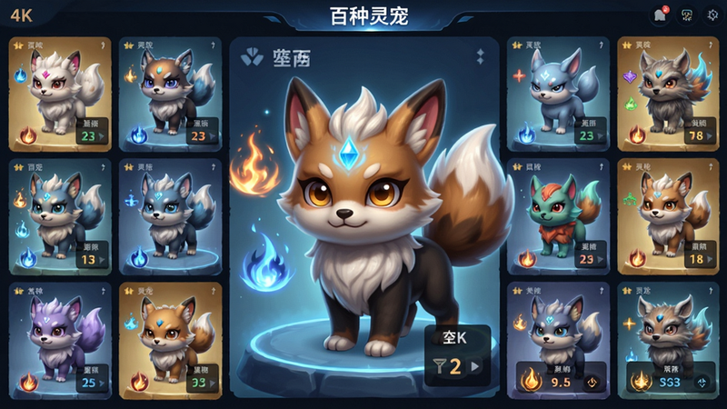 主体:多种灵宠展示界面,布局:网格排列不同形态灵宠,中央一只主宠物放大展示,排版:网格+大图焦点,风格:Q版与写实结合,细节:毛发光泽、技能特效、属性面板,画质:4K,干净无多余元素,文字标注:“百种灵宠”