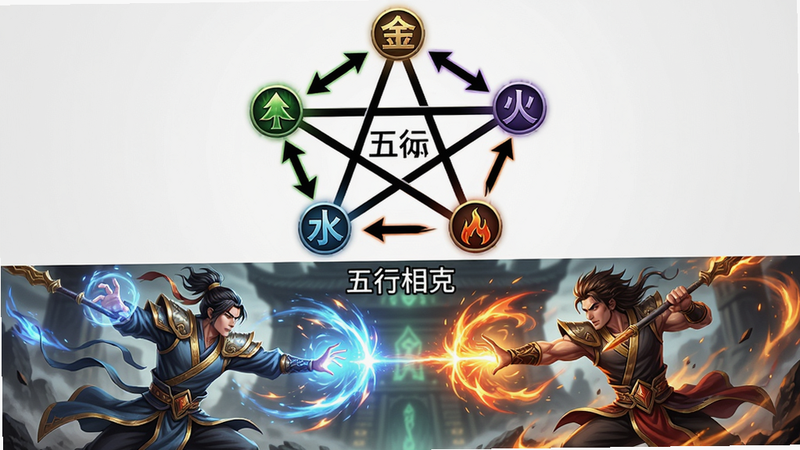 主体:五行相克关系图与战斗场景,布局:五角星连线展示相克关系,下方为两组角色对战,排版:上方相克图,下方对战画面,风格:玄幻、色彩鲜明,细节:金木水火土图标及箭头,角色释放技能特效,画质:高清,干净无多余元素,文字标注:“五行相克”