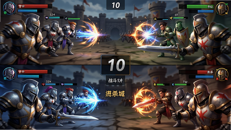 皇家骑士实时对战竞技场预览,主体:对战双方阵容在战场两侧对峙,中央显示战斗倒计时,布局:上下分屏展示双方英雄,排版:信息紧凑,风格:动态战斗画面,细节:技能释放特效、血量条、连杀提示,画质:流畅高帧率,干净无多余元素