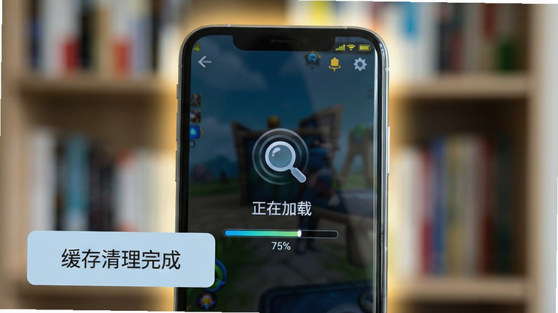 主体:一部手机正在运行游戏,屏幕上显示“正在加载”界面,背景是模糊的书架,左下角有“缓存清理完成”的弹窗提示。布局:手机居中,屏幕亮起,周围有淡淡的光晕。排版:加载图标是一个转动的放大镜,下方进度条75%。风格:写实手机摄影加游戏界面叠加,干净明亮。细节:手机边框银色,屏幕边缘有反光,弹窗字体清晰。画质:锐利无锯齿,无多余元素。