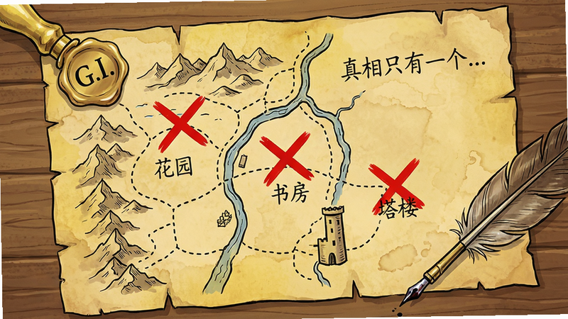 主体:一张古老羊皮纸地图,地图上标注了三个红色叉号,分别对应“花园”、“书房”、“塔楼”,旁边有手写字体“真相只有一个...”。布局:羊皮纸铺在木桌上,左上角压着一枚金色印章,右下角有一根羽毛笔。排版:地图细节丰富,山丘、河流、小径用虚线表示,红叉醒目。风格:手绘地图风格,带有中世纪复古感,色调偏黄。细节:印章上是字母“G.I.”,羽毛笔笔尖沾有墨水。画质:清晰无噪点,干净背景。