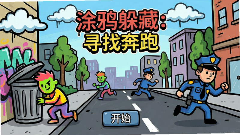主体:游戏主界面截图,展示一个涂鸦风格的城市街道,中心有多个彩色涂鸦角色(玩家和警察)在追逐。布局:角色分散在街道各处,玩家躲在一个垃圾桶后面,警察正四处张望。排版:画面中央上方有游戏标题“涂鸦躲藏:寻找奔跑”艺术字体,下方有开始按钮。风格:手绘涂鸦风格,线条随意但色彩鲜艳,背景有涂鸦的云朵、树木和楼房。细节:角色由黑色粗线条勾勒,填充亮色,警察角色戴着帽子。画质:高分辨率,干净无多余元素,类似卡通绘本。