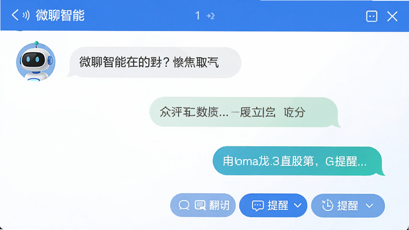 微聊智能聊天助手界面,显示聊天对话框,机器人头像,自动回复气泡,有翻译和提醒功能按钮,界面蓝白配色,排版整齐,高分辨率,画质干净