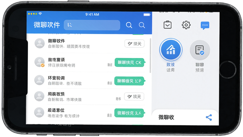 微聊软件主界面预览图,展示聊天列表和功能图标,整体风格简洁清新,蓝白色调,界面布局整齐,高分辨率,画质干净,无多余元素