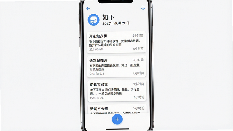 һ��չʾ����App������ĸ����ͼ������Ϊ�ֻ���Ļ�����־��У��Ϸ���ʾ�����¡�Logo�����ڣ��м�Ϊ�ʼ��б���Ƭ��ÿ�ſ�Ƭ�������⡢ժҪ��ʱ������ײ���Բ�Ρ�+���½���ť��������ñ�ƽ����Ʒ�񣬱���Ϊ���ף���Ƭ��ǳ��Ӱ��ɫ������ɫ�Ͱ�ɫΪ��������ɾ��޶���Ԫ�أ�����ϸ��