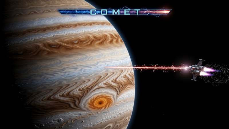 主体:一个巨大的气态行星占据画面左侧,右侧是一艘小型飞船正在发射激光,光束划破黑暗。布局:左右分割,左侧星球纹理清晰,右侧飞船与激光动态。排版:顶部居中显示由“COMET”组成的能量条。风格:科幻插画风格,高对比度色彩。细节:星球表面风暴纹路、飞船尾焰粒子、激光束中的光子细节。画质:4K分辨率,干净无多余元素。