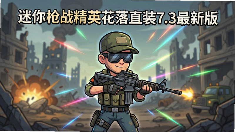 游戏主界面截图,主体为“迷你枪战精英花落直装7.3最新版”标题居中,背景为战场废墟,一名卡通角色手持步枪站立,彩色光影效果,布局简洁,画质高清,干净无多余元素
