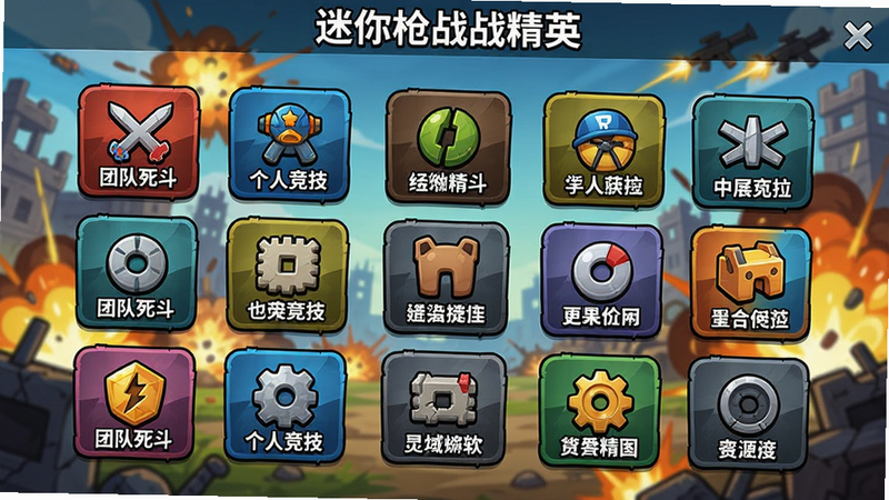 游戏模式选择界面,主体为多个模式图标如“团队死斗”、“个人竞技”等,布局网格,背景为动态战场,卡通风格,色彩鲜艳,画质高清,软件名称“迷你枪战精英”显示在顶部,无多余元素