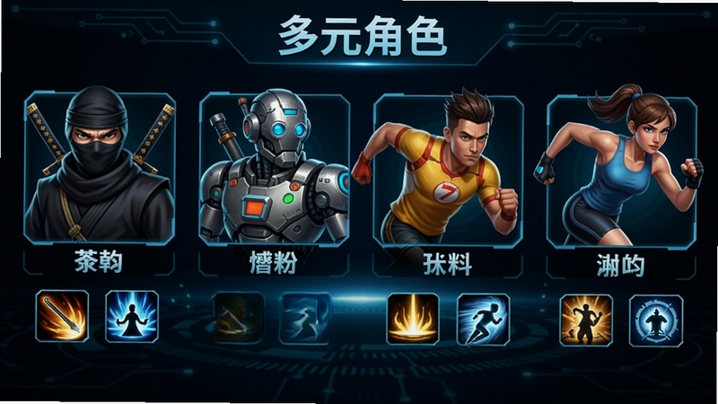 游戏角色选择界面,展示一排角色头像,每个角色下方有名字和技能图标,背景是深色科技风,角色形象各异,有忍者、机械师、跑者等,画质高清,带有“多元角色”字样。