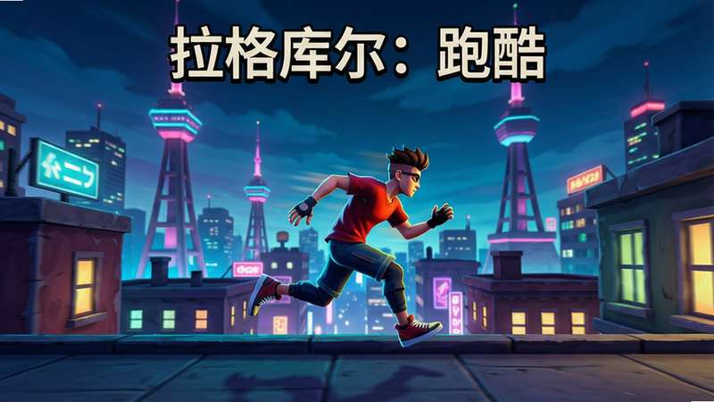 一张《拉格库尔:跑酷》游戏主界面截图,展示主角在霓虹城市屋顶上奔跑,背景有高塔和灯光,画面充满动感,色彩鲜艳,画质高清,干净无多余元素,游戏标题“拉格库尔:跑酷”位于顶部居中。