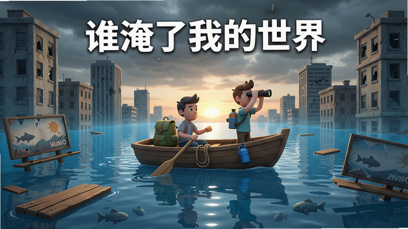 主体:游戏主界面,一个荒凉的城市被蓝色洪水淹没,只剩高楼顶部露出水面,远处有夕阳余晖。布局:中心是一艘小木船,船上站着两个卡通风格的人物,一个在划桨,另一个拿着望远镜眺望。排版:画面左右对称,前景有漂浮的木板和破旧的广告牌,背景是灰暗的云层。风格:写实卡通混合,色彩以冷色调为主,水面有反光波纹。细节:船上的背包、绳索、水壶清晰可见,建筑窗户有破裂痕迹,水中隐约有鱼群游动。画质:4K超高清,光影自然,干净无多余元素,画面纯净。图片中水面上方文字“谁淹了我的世界”使用白色加粗字体。
