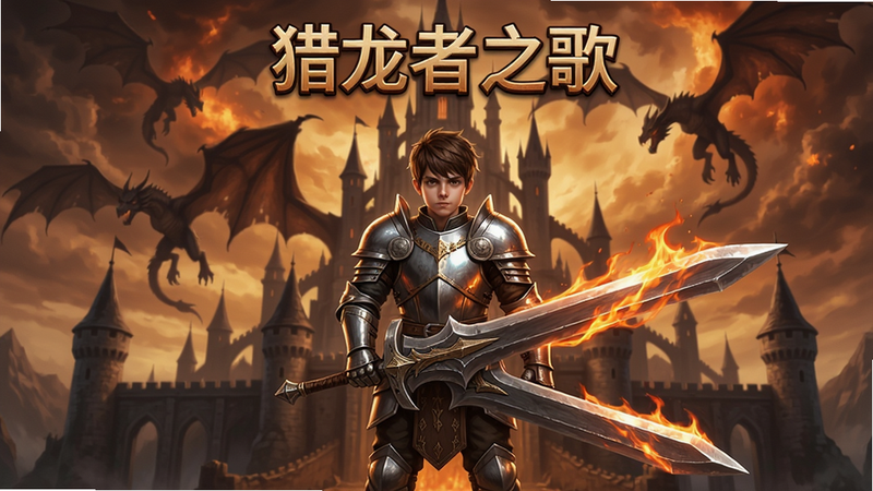 主体:猎龙者之歌游戏主界面,中央站立一位身穿铠甲手持巨剑的猎龙者少年,背景是宏伟的龙形城堡和燃烧的天空,布局:猎龙者占画面中央,龙形城堡在远处,天空有巨龙剪影,排版:居中构图,风格:写实魔幻,细节:铠甲反光、剑刃火焰特效、城堡细节,画质:4K高清,干净,无多余元素,文字:“猎龙者之歌”游戏标题位于顶部