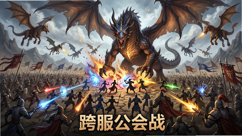 主体:百人公会战场景,双方阵营混战,中央有巨大龙形BOSS,天空有飞行坐骑,布局:俯瞰战场全景,角色密密麻麻,排版:宏大战争场面,风格:史诗魔幻,细节:技能特效、旗帜、角色职业区分,画质:高清,干净,无多余元素,文字:“跨服公会战”