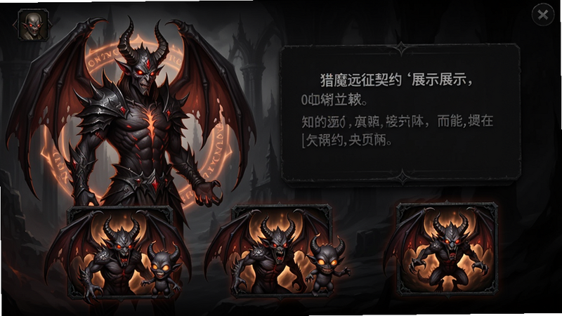 主体:猎魔远征契约恶魔展示界面,三个恶魔图标排列在角色头像下方,恶魔有小动画。布局:界面左侧角色立绘,右侧恶魔技能描述。排版:浮动卡片样式。风格:暗黑哥特,恶魔造型狰狞。细节:恶魔有翅膀、角、鳞片等细节,角色身上围绕契约光环。画质:高清,干净。