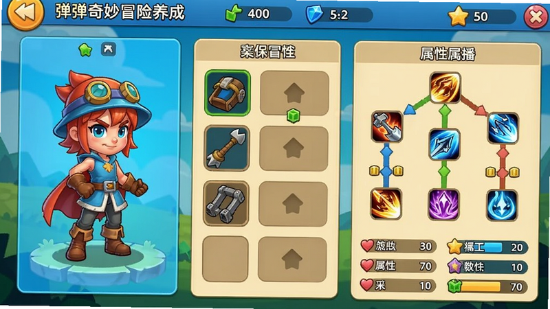 弹弹奇妙冒险角色养成界面,角色立绘展示,装备栏,技能树,属性数值,界面布局整齐,卡通风格,色彩鲜艳,高清画质