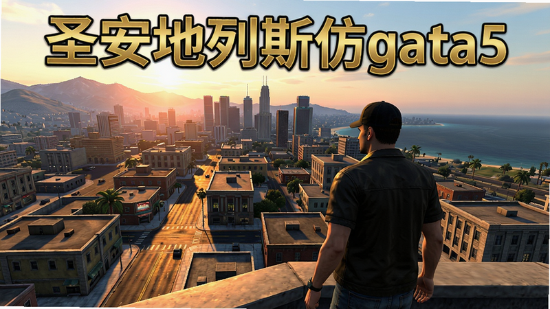 展示圣安地列斯仿gta5游戏主界面,一名男性主角站在高楼天台,俯瞰洛圣都城市天际线,夕阳余晖洒满街道,远处有山脉和海洋,画面色彩饱满,细节丰富,游戏标题