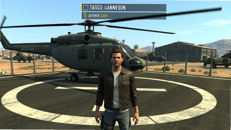 显示圣安地列斯仿gta5游戏内任务选择界面,主角站在直升机停机坪上,背景是军事基地,屏幕上方显示任务名称和难度等级,界面设计简洁,画质清晰,色彩明亮,风格写实,干净无多余元素