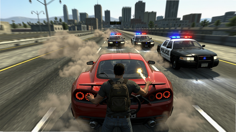 展示圣安地列斯仿gta5游戏内追车战,主角驾驶红色跑车在高速公路上疾驰,车后扬起尘土,后方有三辆警车紧追不舍,画面动态感强,车身光影反射,背景城市模糊处理,画质高清,干净无多余元素