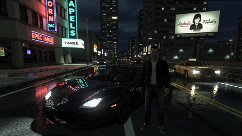 显示圣安地列斯仿gta5游戏内夜晚街景,霓虹灯和车灯照亮潮湿的马路,主角站在一辆黑色跑车旁,车辆反光清晰,背景有高楼和广告牌,画面暗部细节丰富,色彩绚丽,风格写实,画质高清,干净无多余元素