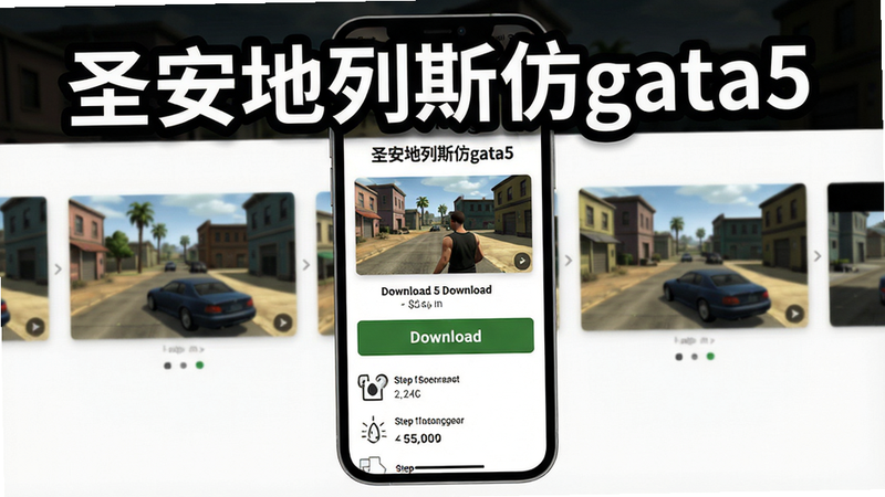 展示圣安地列斯仿gta5手机下载页面,屏幕上显示清晰的下载按钮和安装教程步骤图,背景有游戏精彩截图轮播,页面设计现代简约,标题