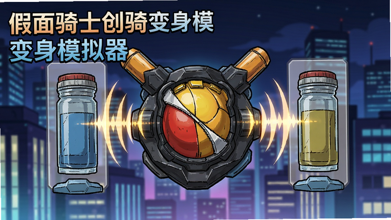 图片展示假面骑士创骑变身模拟器的主界面,中央是一个Build驱动器模型,左右各有一个瓶罐槽位,背景为城市夜景风格,动漫渲染,驱动器上有光效和音波特效,画面干净清晰,左上角有文字“假面骑士创骑变身模拟器”,整体色彩鲜艳,风格日系卡通。