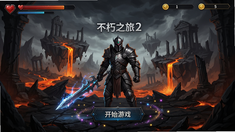 主体:不朽之旅2(TapTap测试版)的游戏主界面,展示暗黑风格的场景与角色,中央有“开始游戏”按钮。布局:画面居中,背景是破碎的永恒大陆,带有熔岩与废墟。排版:UI简洁,顶部有生命值与金币条。风格:暗黑哥特式,光影对比强烈。细节:角色身穿铠甲,手持发光武器,地面有粒子特效。画质:4K超清,干净无多余元素。