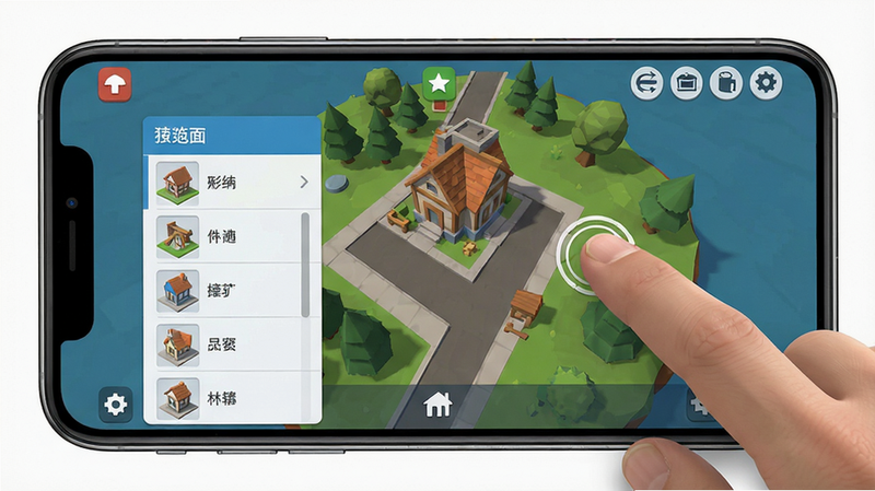 游戏内建造界面,手指触控操作,建筑菜单,手机屏幕,布局清晰,扁平化UI风格,细节丰富,画质高清,无多余元素