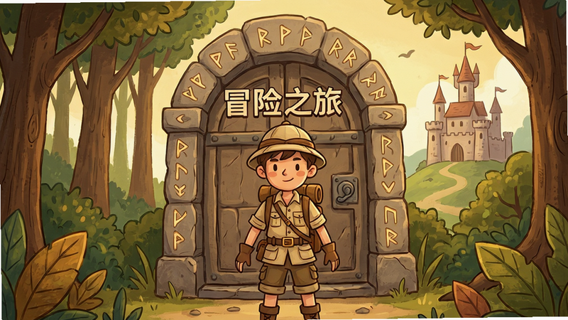 主体为游戏主界面,一个身穿探险服的少年站在古老的石门之前,身后是茂密的森林和远处若隐若现的城堡,画面采用暖色调手绘风格,布局以人物为中心,背景层次分明,细节包括石门上雕刻的符文、树叶的纹理,画质高清干净,无多余元素,图片中嵌入文字“冒险之旅”
