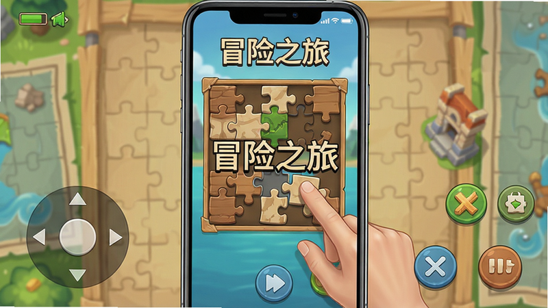 主体为手机游戏运行中的画面截图,显示一个谜题界面,玩家正在拖动拼图碎片,布局为竖屏全屏,风格为游戏实机画面,细节包括屏幕顶部的电量图标、游戏虚拟按键,画质清晰干净,无多余元素,图片中嵌入文字“冒险之旅”