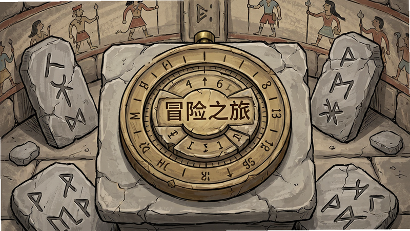 主体为一个石台上的古老密码盘,周围散落着几块刻有符号的石板,背景是石墙上的壁画,手绘风格,布局为俯视视角,细节包括密码盘上的刻度、石板上的裂纹,画质高清干净,无多余元素,图片中嵌入文字“冒险之旅”