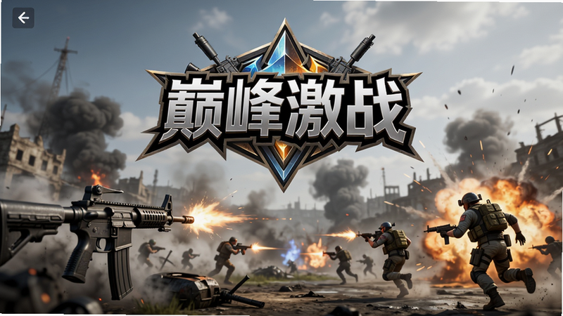 游戏主界面展示巅峰激战Logo与战斗场景,布局为中央Logo下方是硝烟弥漫的战场,风格写实,细节包括枪械、爆炸特效、角色奔跑,画质高清干净无多余元素。