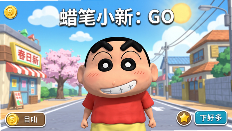 主体:游戏主界面,蜡笔小新站在春日部街道中央,面带标志性笑容,背景有樱花树、商店和房屋。布局:居中构图,小新占画面三分之一,UI元素在左右下角显示金币、任务按钮。排版:清晰分层,前景角色与背景分离。风格:卡通渲染,色彩鲜艳明亮,线条柔和。细节:小新穿着红色T恤和黄色短裤,头发黑色,眉毛粗,背景有云朵和阳光。画质:高清,干净,无多余元素,文字“蜡笔小新:GO”置顶居中,白色字体带阴影。
