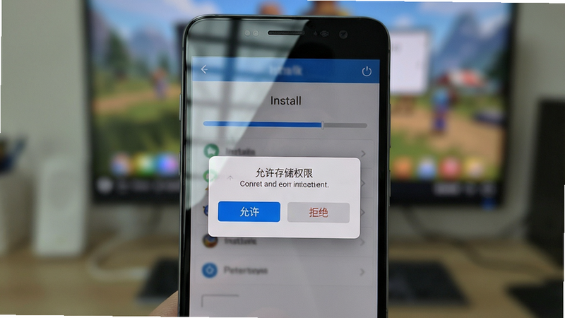 主体:手机屏幕显示游戏安装界面,有进度条和“允许存储权限”弹窗。布局:手机居中,屏幕内显示安装界面。排版:弹窗上有“允许”和“拒绝”按钮,进度条为蓝色。风格:写实手机截图,背景模糊。细节:手机边框有型号,屏幕反射光泽。画质:高清,干净,无多余元素,弹窗文字清晰。