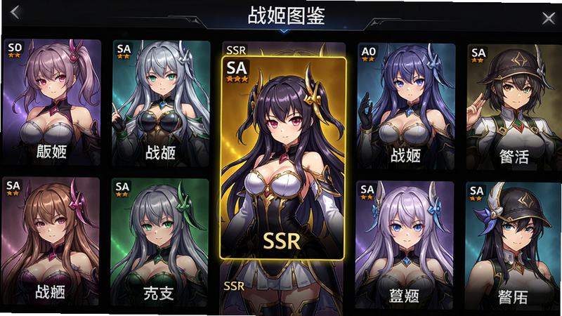 展示暗影战姬游戏中的战姬角色选择界面,多张精美立绘排列成网格,每个角色有不同颜色和风格,中心高亮一个SSR级战姬,画面明亮清晰,背景为暗色,突出角色。布局规整,风格二次元,细节包括角色名称和稀有度标签,画质高清,文字