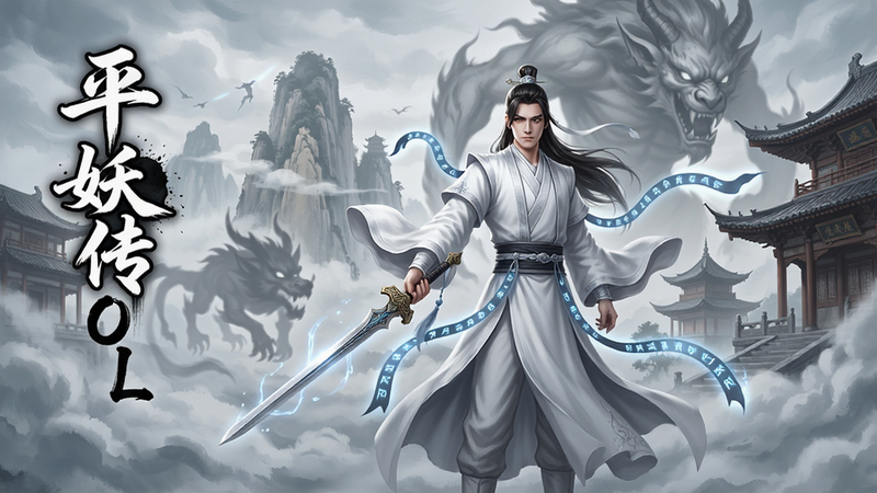 主体:平妖传OL仙侠游戏主视觉图,布局:画面中央站立一位手持长剑的白衣修士,身后是云雾缭绕的仙山与飞檐古楼,排版:左侧竖向放置游戏LOGO“平妖传OL”艺术字,风格:水墨国风融合现代光影,细节:角色衣袂飘动,飘带上有符文闪烁,云层中隐约可见巨大妖兽轮廓,画质:4K超清,干净无多余元素,氛围庄严肃穆
