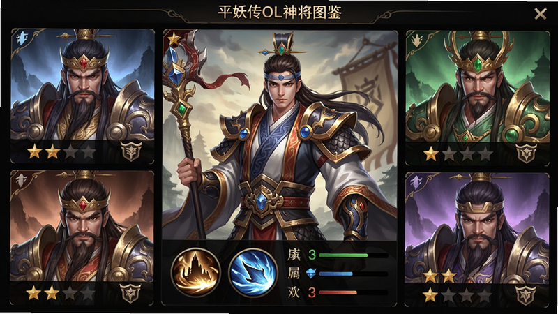 主体:平妖传OL神将图鉴界面,布局:六宫格展示六位不同阵营的神将头像,中间为当前选中神将的半身立绘,排版:下方显示技能图标与属性数值条,风格:二次元国风卡牌,细节:每个头像下方有星级与阵营标识,立绘服饰华丽,画质:高清精细,干净无广告干扰